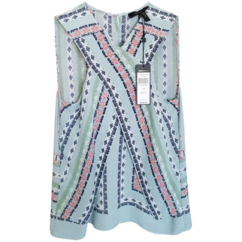 BCBG Small sleeveless top. Aqua and peach print